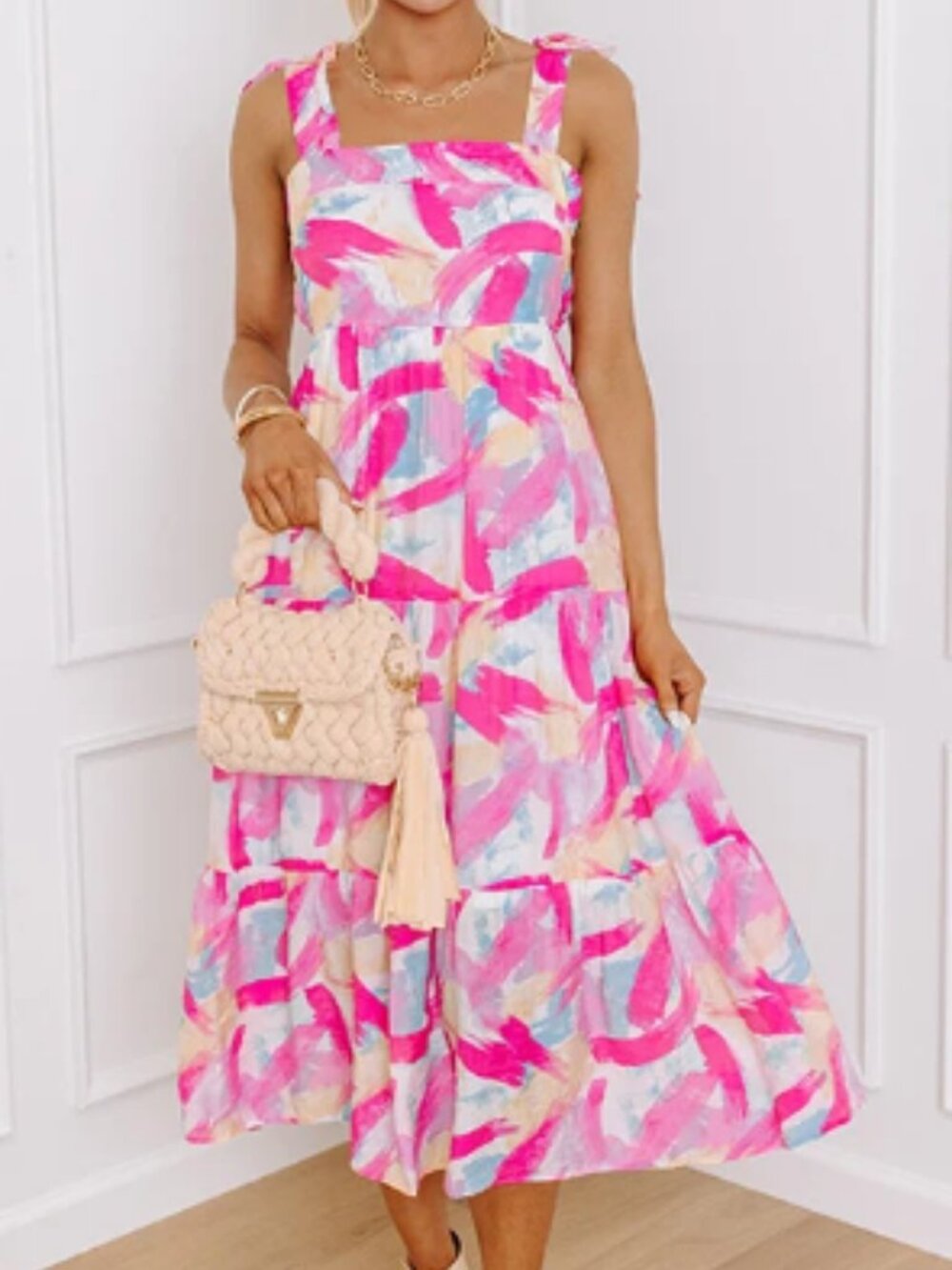NWT Blu Pepper Tie Sleeve Tier Brush Stroke Print Maxi Dress Sz Med
